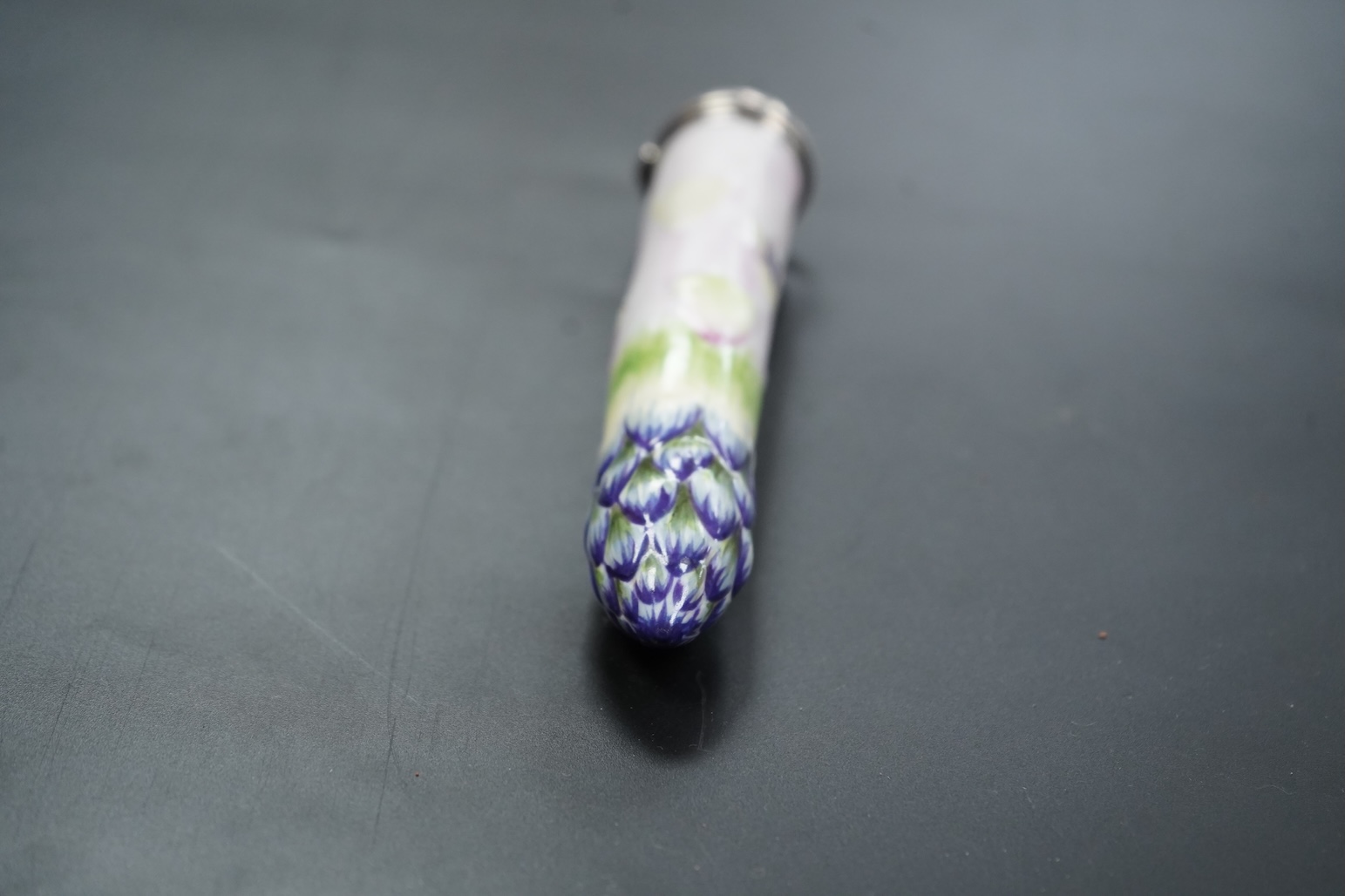 A continental silver mounted asparagus shaped bodkin case, 15cm long